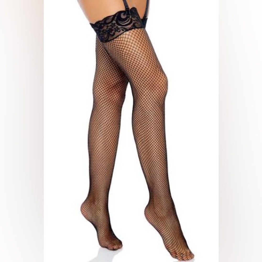 NEW Vintage apt. 9 thigh high gripper lace top fishnet stockings black one size